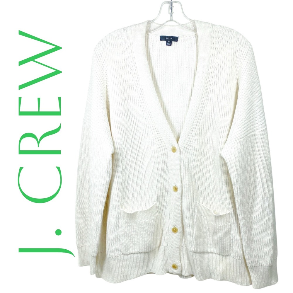 J.Crew Re-Imagined Ribbed Cardigan Women Medium Ivory Cotton Cashmere Cozycore - Picture 2 of 11